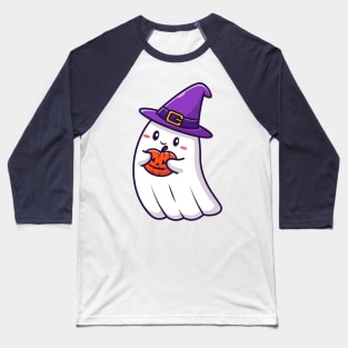 Cute Witch Ghost Holding Pumpkin Halloween Cartoon Baseball T-Shirt